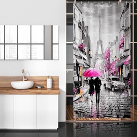 Small Stall Shower Curtain 36x72 Inches Half Narrow Gray Pink Fabric RV Shower Curtains for Bathroom Modern Waterproof Narrow Shower Curtain for Stall, Lovers in Paris