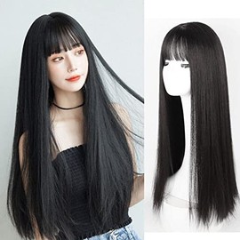 Peluca Negra para Mujer, Pelucas Largas y Rectas, Pelo Sintético mente Liso, Disfraz de Fiesta, Peluca Negra, Peluca de Fibra Sintética Elegante y de Moda, 72 Cm