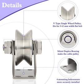 V Type Groove Wheel Pulley Stainless Steel Pulley Block Super Silent Single,Pulley Block for DIY Gym Equipment,Sliding Gate Detachable Duplex Bearing with Mounting Screws and Expansion Pipes
