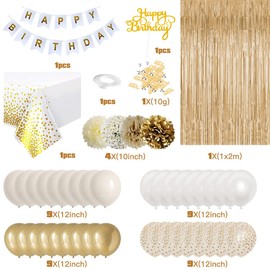 Gold Birthday Decorations, Gold Party Decorations, White and Gold Balloons Happy Birthday Banner Tablecloth Fringe Curtain Paper Pom Poms for Kids Women Men Girls Boys Birthday Golden Birthday Decor