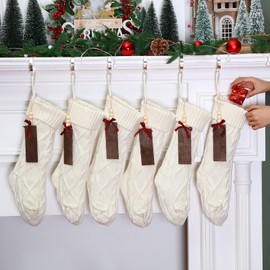 Zubebe 6 Sets 18 in Knitted Christmas Stockings Kit, Metal Stocking Holder and Name Tags Large Knit Xmas Stocking with Marker Pen for Family Holiday Xmas Party Fireplace Mantel Decor (White)