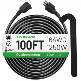 POWGRN 100 FT 16/3 Black Indoor Outdoor Extension Cord Waterproof, 3 Prong Flexblie SJTW Cold Weatherproof -50°C Appliance Extension Cord 10 AMP 1250W 16AWG Heavy Duty Electric Cord, POWGRN ETL Listed