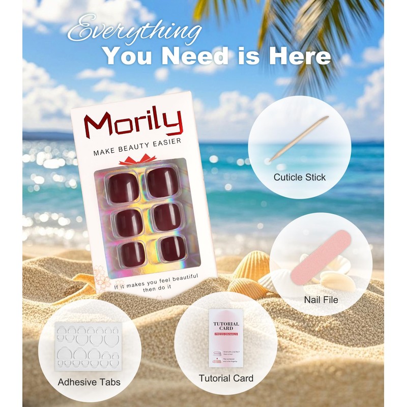 Morily Solid Burgundy Press on Toenails for Women, 24 Pcs