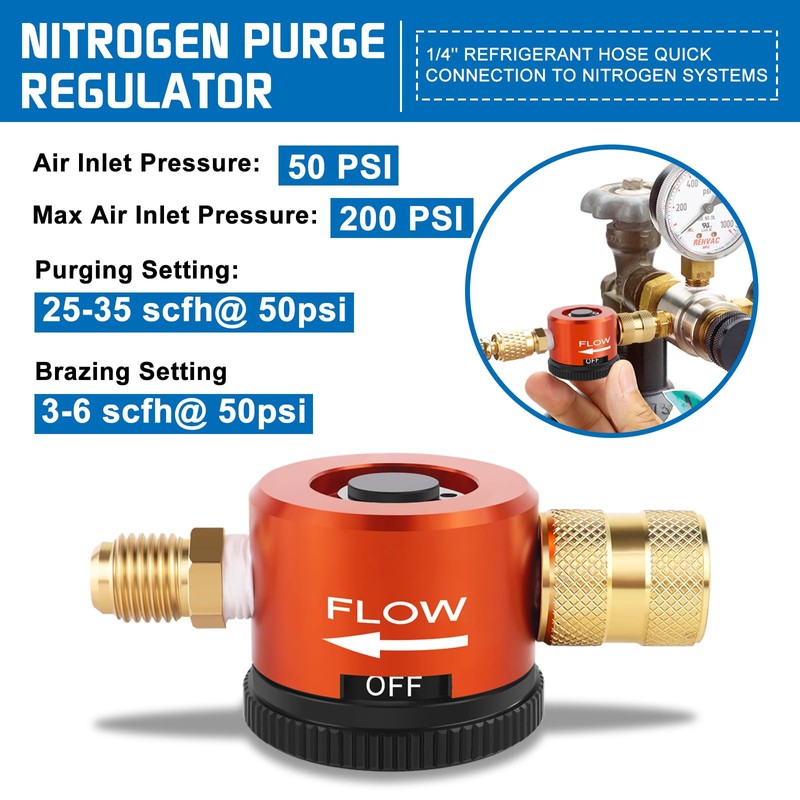 Boltigen HVAC Nitrogen Regulator, Adjustable Nitrogen Purge Tool, 1/4'' Flare