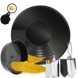 YUJUVI Goldwaschpfanne Set Kunststoff Goldpfanne für Goldwaschen Goldsucher 7 Stück mit Gold Wash Sieve Goldwannenbecken 38.5CM für Nugget Bergbau Wanne Manuelle Goldwaschanlage Ausgräbt (Schwarz)