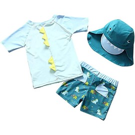 Baby Toddler Boys Two Pieces Swimsuit Set Swimwear Dinosaur Bathing Suit Rash Guards with Hat UPF 50+ (Lake Blue, 3-4 Years)