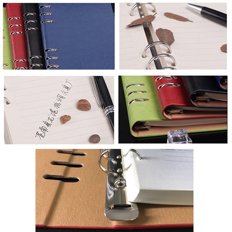 A5 Notebook 6 Holes PU Leather Cover Notebook， Loose Pocket