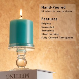 MOZEAL 3" x 4" Hand-Poured Unscented Turquoise Pillar Candles,Dripless Candles Set of 3,Smokeless,Clean Burning,Approx 60 Hours Burn Time,Wedding,Dinner and Home Decor（3 Inch Width Series） Teal