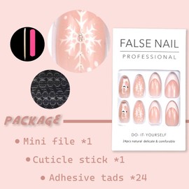 Christmas Press on Nails Medium Length Almond Fake Nails with White Snowflake and Elk Design Romantic False Nails French Tip Acrylic Nails Christmas Nails for Women and Girls