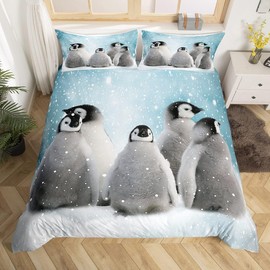 Homemissing Double Penguin Comforter Cover Set Cute Penguin Duvet Cover Fun Animals Bedding Set Children Adult Cute Animal Pattern Wool Super Soft Bedroom Decoration