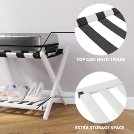 Smart FENDEE 2 Packs Fully Assembled White Luggage Racks with Shoe Shelf, Folding Suitcase Stand with 5 Straps, Wooden Luggage Stand Ideal for Guest Room, Bedroom, Hotel