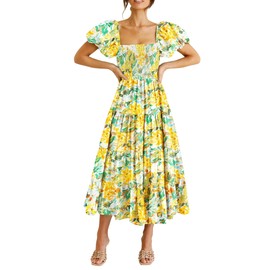 PRETTYGARDEN Women's Casual Summer Midi Dress Puffy Short Sleeve Square Neck Smocked Tiered Ruffle Dresses (Floral Yellow,X-Large)