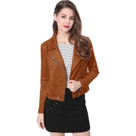 Allegra K Women Short Soft Zip Up Faux Suede Biker Moto Jacket Medium Brown