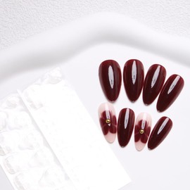 KQueenest Dark Red French Press on Nails Almond Shape Fake Nails with Flower Designs Floral Artificial Nails Medium Length Burgundy Glue on Nails Flowers Stick on Nails for Women, 24Pcs