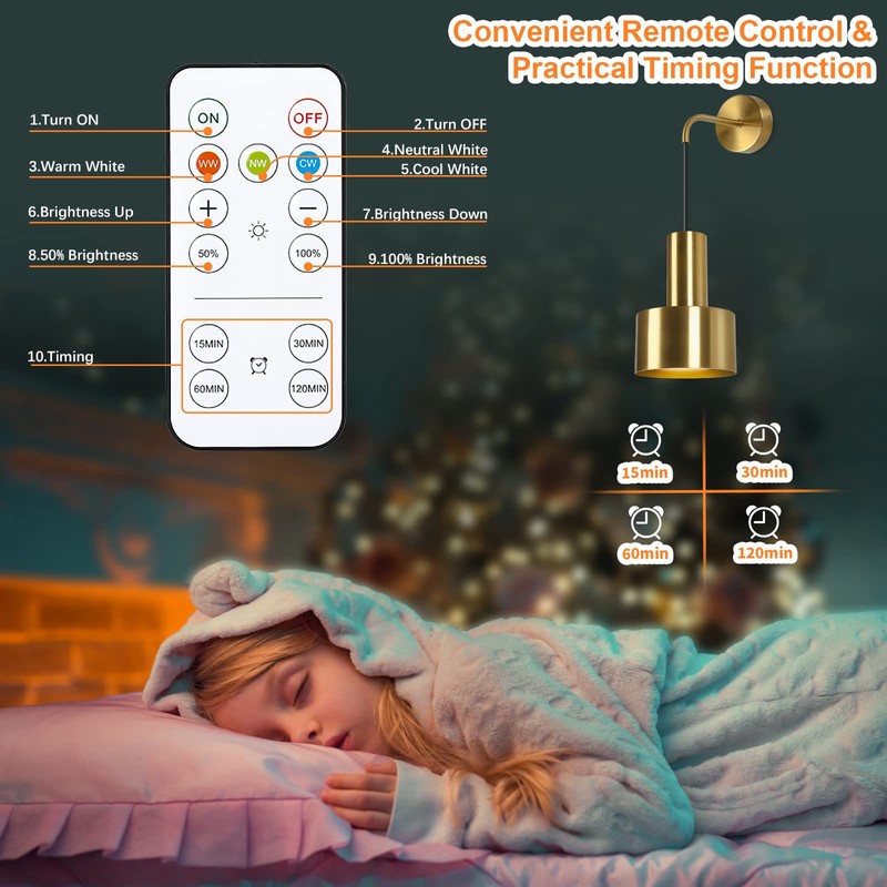 Gold Battery Operated Wall Sconce, Wireless Wall Lights Set of