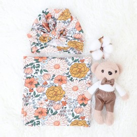 DRESHOW BQUBO Newborn Floral Toddler Warm Receiving Blankets Orange Floral Printed Newborn Baby Swaddling Rabbit Ear Hats