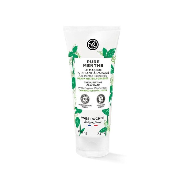 Yves Rocher Pure Menthe Clarifying Clay Mask, Facial Care with Organic Peppermint, for Radiant Skin, 1 x 75 ml Tube