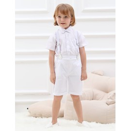 A&J DESIGN Roap de Bautizo para Bebé Niño Traje Formal de Mangas Cortas para Pascua con Camisa, Pantalones, Tirante y Pajarita, Blanco, 18-24 Meses