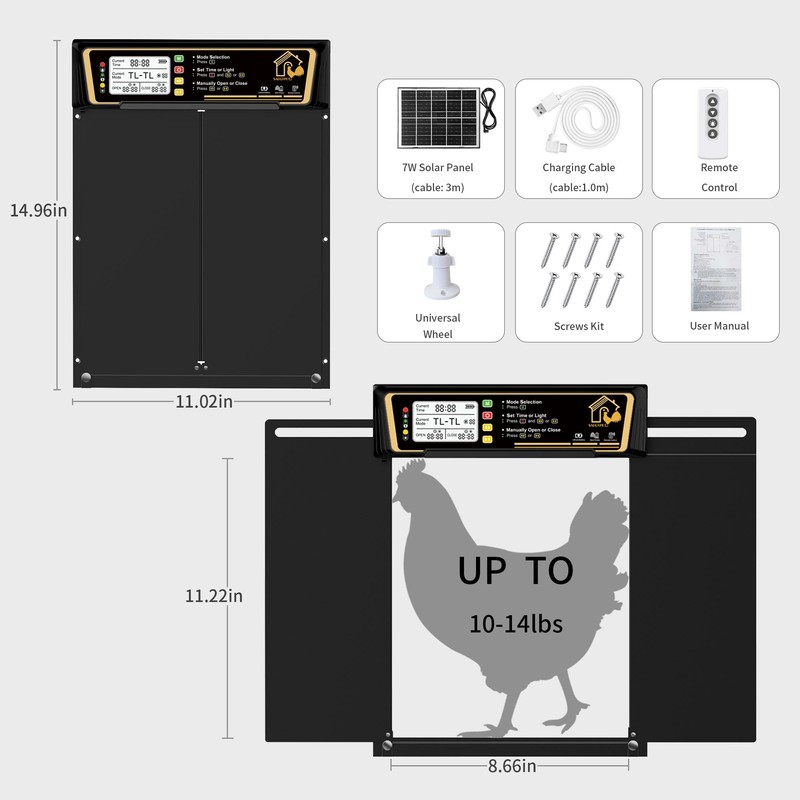 Large Automatic Chicken Coop Door Solar Powered, Charge with 7W