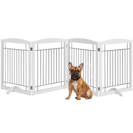 Topeakmart 32" Height Pet Gate with Wood and Wire 4-Panel Freestanding Pet Puppy Safety Fence with 2 Support Feet Indoor Pet Exercise Playpen for Medium/Small Dogs for Doorway/Stairs White