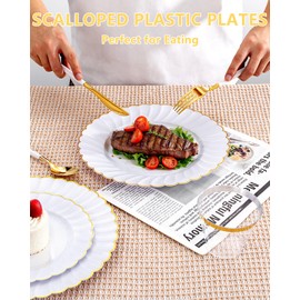 Ciaell 175 PCS White Scalloped Plastic Plates with Gold Trim - Gold Plastic Silverware with Handle - Fancy Hign-End Dinnerware Sets for Wedding & Showers & Party & Thinksgiving (25 Guests)