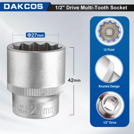 DAKCOS 27mm Spline Socket 1/2" Drive Multi-Tooth Socket 12 Ponit Socket Spanner,CR-V, Mat Chrome Finis