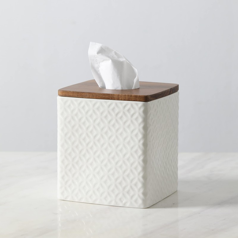 Motifeur Bathroom Accessories - Ceramic Tissue Holder with Wooden Lid,