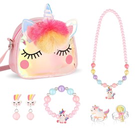 Unicorn Crossbody Bag Purse with Jewelry Set Little Girls, Unicorn Princess Necklace Bracelet Rings Earrings Handbag Accessories, Jewelry Party Favors Gift Dress Up