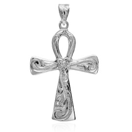 Leilani Hawaiian Jewelry Scroll & Plumeria Carved Cross Pendant Necklace, Men's, 925 Silver