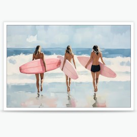 Coastal Cute Surfer Girl Aesthetic Decor Poster Coquette Pink Blue Summer Beach Preppy Print Minimalistic Beachy Wall Decor For Teen Girl Dorm Apartment Bedroom Living Room 12x16in Unframed
