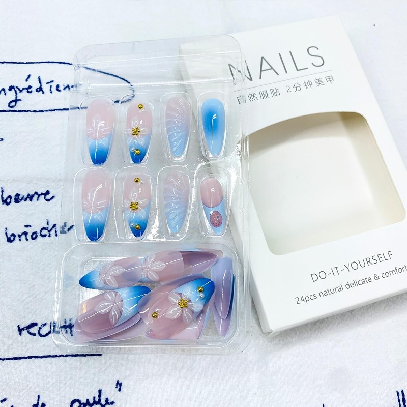 LWTZLW 3D Flower French Tip Press on Nails Medium Almond