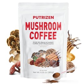 PUTRIZEN Mushroom Coffee with 6 adaptogenic functional mushrooms (including Reishi, Lion's Mane, Cordyceps) and MCT Oil, this instant coffee containing 2500mg of mushrooms supports focus, digestion, immunity, and sleep (30 Servings)