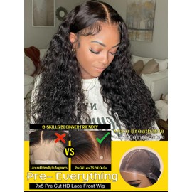 Sunber Bye Bye Knots Glueless Wig Pre Cut Lace 7x5 Invisible Knots Pre Plucked Water Wave HD Lace Front Wigs Human Hair Bleached Knots Pre Plucked Beginners Friendly for Women Put On and Go Wig 22Inch