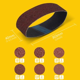 40x303mm Sanding Belt Assorted Pack, 12 Pcs (2 Each of 40/60/80/120/150/240 Grits), Aluminum Oxide for Sanders