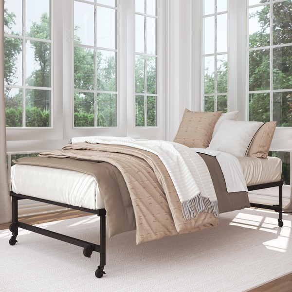 Milliard Roll-Out Trundle Bed with Wheels, Modern Black Frame, Trundle