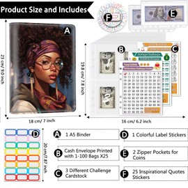 Money Saving Binder, 100 Envelopes Money Saving Challenge, Cash Envelopes Budget Binder & 3 Budgeting Planner Trackers, PU Leathers A5 Money Saving Planner Book，African-American Black Girls