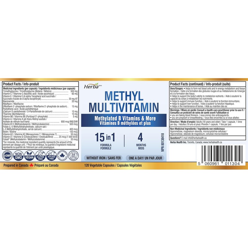 Herba Methylated Multivitamin with 500mg TMG & Methylated B Complex