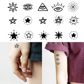 Oottati Small Cute Temporary Tattoo Sticker Set of 2 - Minimalist Geometric Star Eye Designs for Hand Neck Face Wrist Finger, Waterproof Fake Body Art, Simple & Modern Unisex Skin Decals