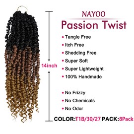 NAYOO Passion Twist Hair - 8 Packs 14 Inch Passion Twist Crochet Hair For Women, Crochet Pretwisted Curly Hair Passion Twists Synthetic Braiding Hair Extensions(14 Inch 8 Packs, T1B/30/27)