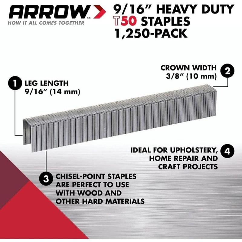 Arrow Fastener 509 Genuine T50 9/16-Inch Staples, 1,250-Pack 4 Pack