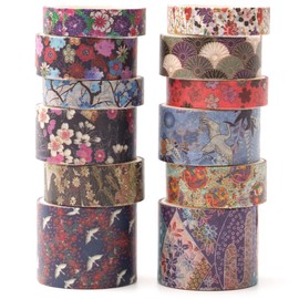 Songdao 12 Rolls Kyoto Charm Washi Tape Set Japanese Arts Adhesive Tapes Geometric Garden Decorative Masking Tape Sets for Craft, Kids, Scrapbook, DIY, Gift Wrapping (Purple Sakura)
