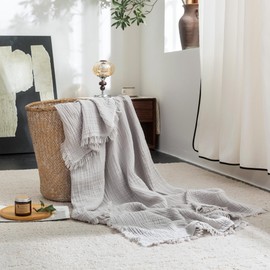 FOSSA 4-Layer Muslin Blanket -100% Cotton Super Soft & Breathable Throw with Tassels -Lightweight Decorative Cooling Gauze Blanket for Bed, Sofa, Office -Twin XL Size 90" x 66" (Grayish)