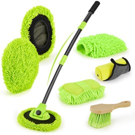 Loebelle Car Wash Brush with 40" Long Handle 15° Curved, Car Wash Kit with 2 Replaceable Chenille Car Wash Mop Heads, Wash Mitt, Sponge, Towel, Tire Brush, Cleaning Tools for Cars RV SUV Truck (Green)