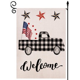 Patriotic Pickup Truck Star Garden Flag Vertical Double Sided 12.5 x 18 Inch, Black and White Buffalo Check Plaid Rustic Truck Farmhouse Burlap for Spring Summer Outdoor Indoor Decoration