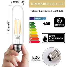 NOVELUX 5 Inch Edison Bulb, 4000K Neutral White E26 Led Bulb 6 Watt Dimmable, 800LM T10 Bulb Clear Glass Tubular Light Bulbs, AC 120V T9 Bulbs for Chandelier, Wall, Pendant Light(4 Pack)