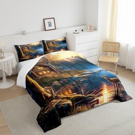 Homewish Hunting Lodge Comforter Set King Size,Wild Deer Animal Hunter Cabin Decor Bedding Set All Season Quilt Set,Lake Natural Scenery Pine Rustic Farmhouse Microfiber Polyester Down Comforter
