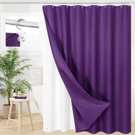 Craidlela Craidlela 3 in 1 Shower Curtain Set, Purple Waffle Shower Curtain and PEVA Liner Set with 12 Stainless Steel Shower Curtain Hooks, Waterproof Fabric Shower Curtains for Bathroom, 72 W x 72 H