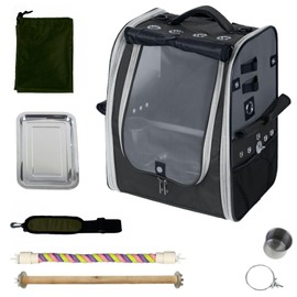 Birds Day Bird Carrier Backpack-Parrot Travel Cage with 2PCS Perch and Food Bowl, Stainless Steel Tray (Charcoal Gray, Small to Medium Birds)