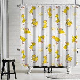 Ttincceer Yellow Duck Shower Curtain with Hooks, Cartoon Cute Animal Duck Pet Bathroom Curtain Funny Animal Yellow Flower Bathroom Curtain Waterproof Bath Curtain 180 x 200 cm