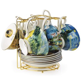 Van Gogh Bone China Set of 6 Cups and Saucers With Rack, Coffee Cup and Saucer Set With Gift Box, 8-Ounce Art Coffee Mugs Set